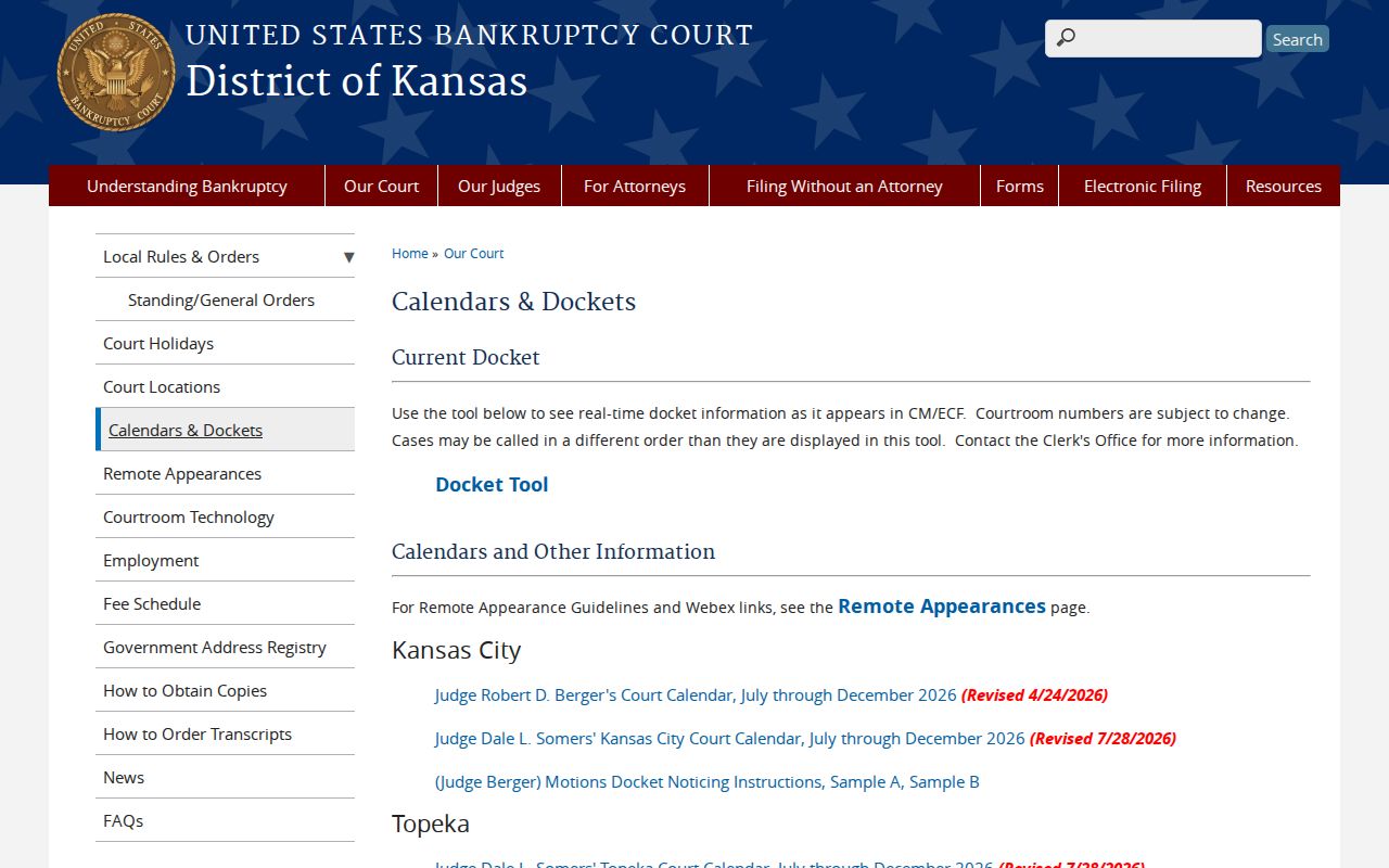 Kingman County federal bankruptcy court calendar source