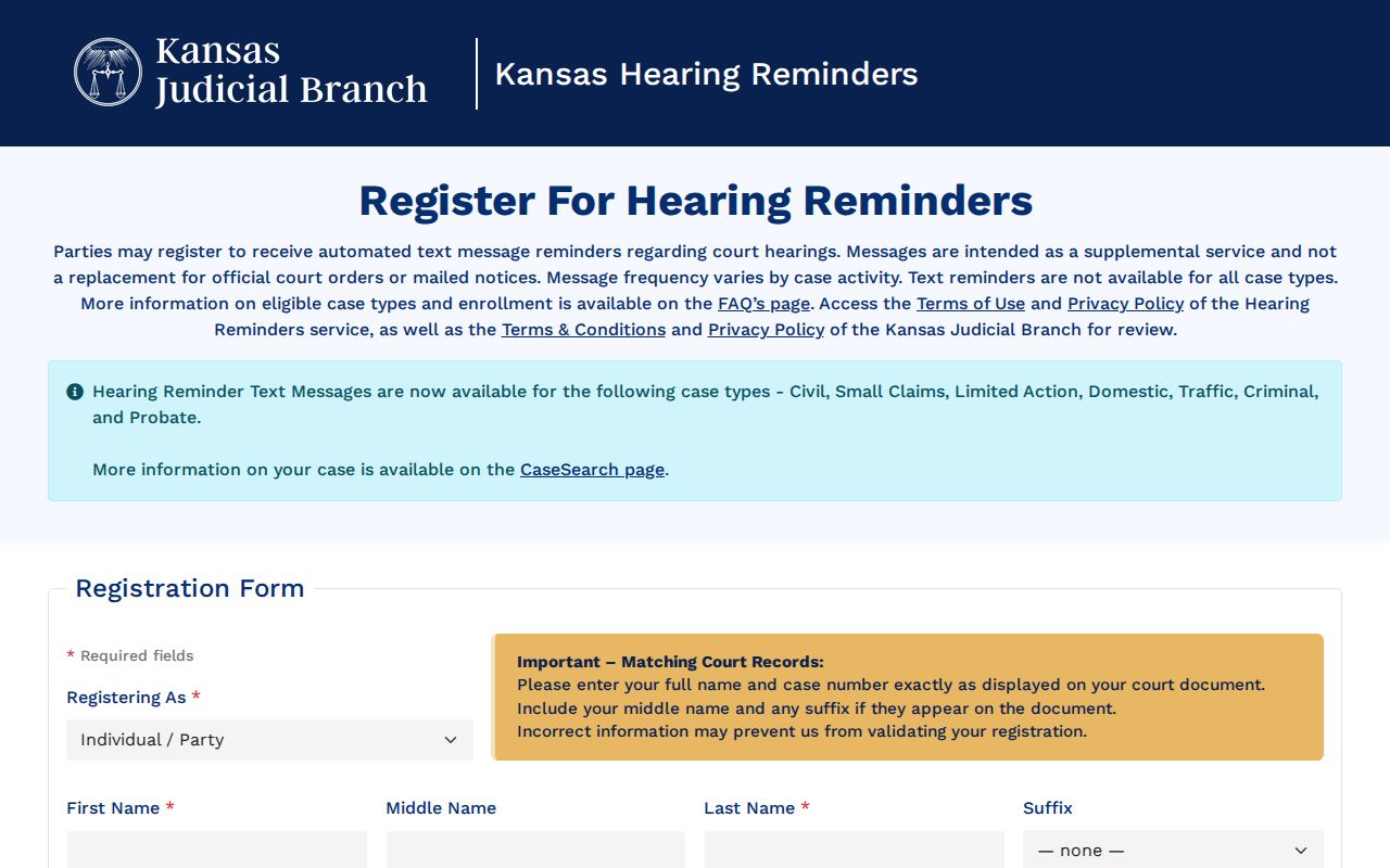 Kingman County court date hearing reminder service