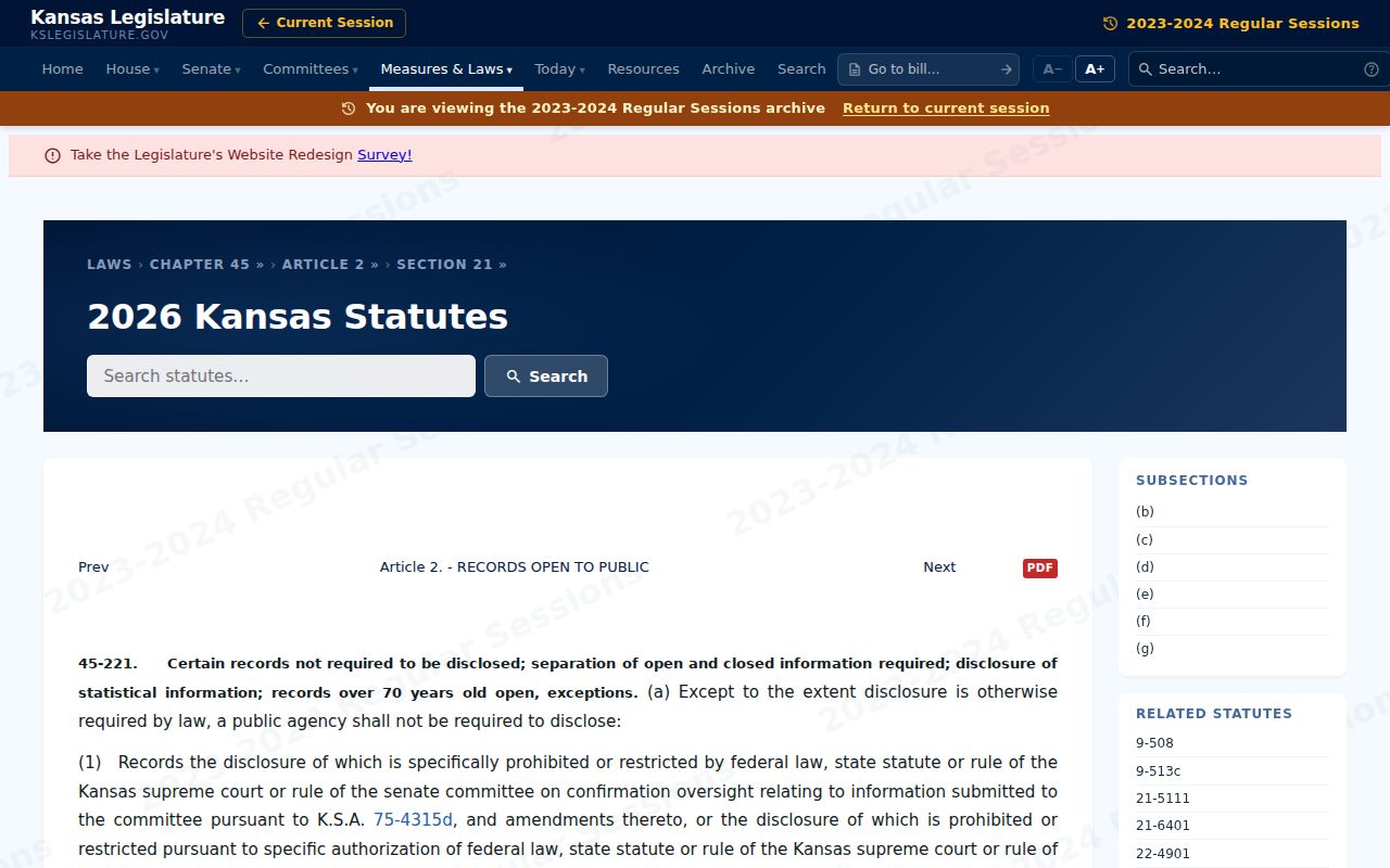 Kansas KORA exemptions statute for Kingman County court records