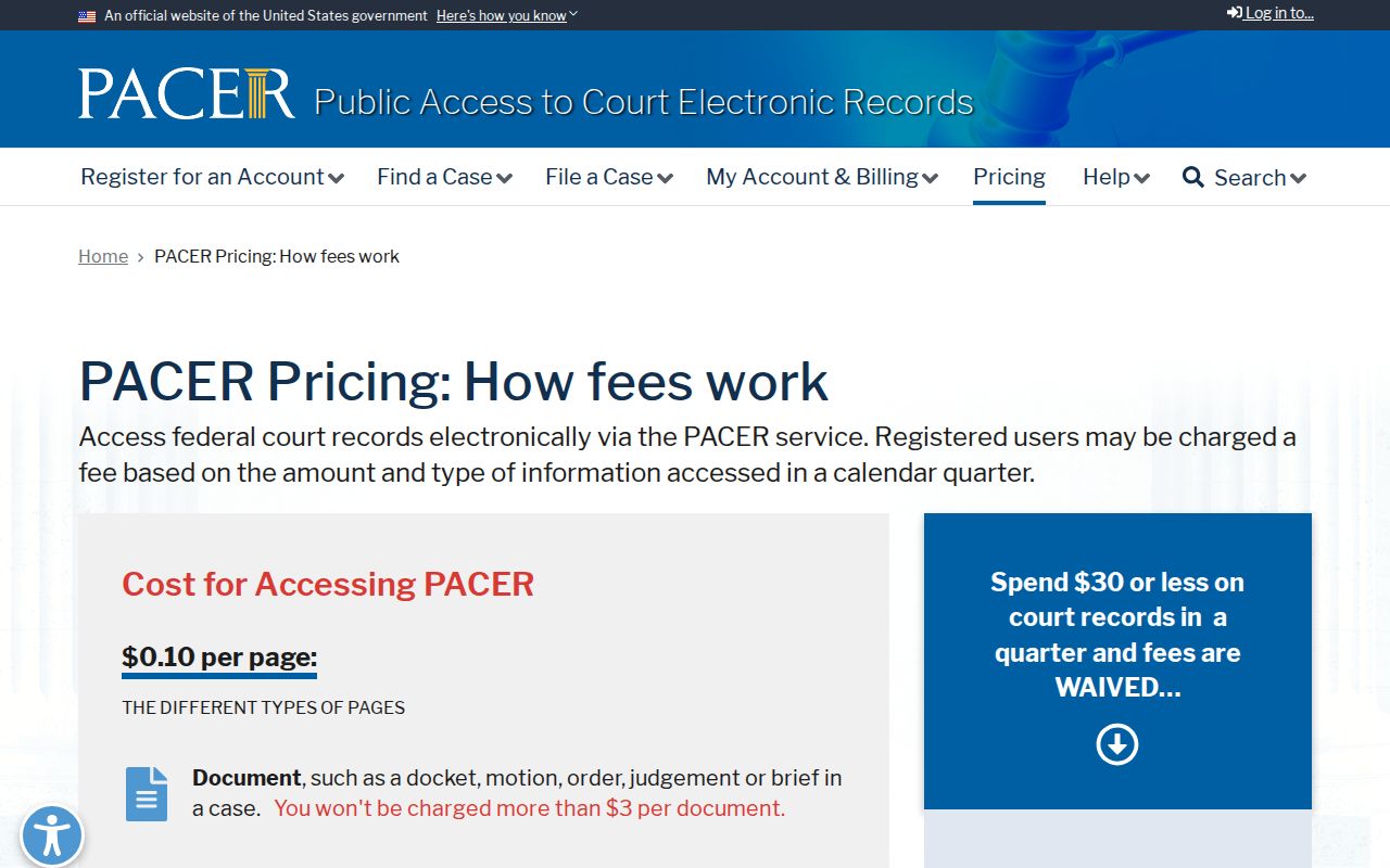 PACER pricing for federal Kingman County docket searches