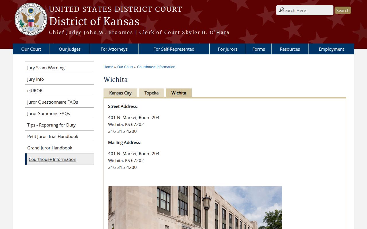 Wichita federal courthouse serving federal docket access near Kingman County