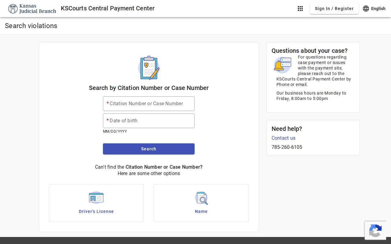 Kansas Central Payment Center citation lookup for Kingman County traffic tickets